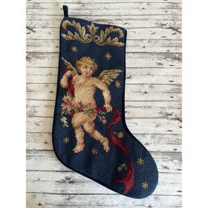 Vtg Imperial Elegance Angel Christmas Stocking Embroidered Needlepoint Wool